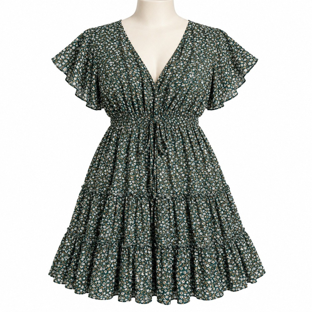 Cottagecore Romantic Prairie Mini Dress Women's Large Tiered Floral Hippie